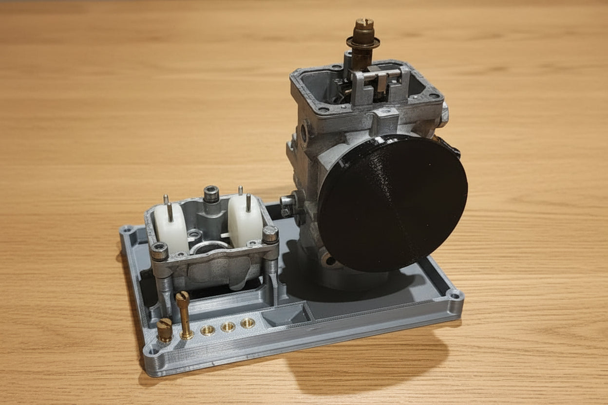 Rotax carburetor workstation for Dellorto VHSB34 with jet storage and fuel tray